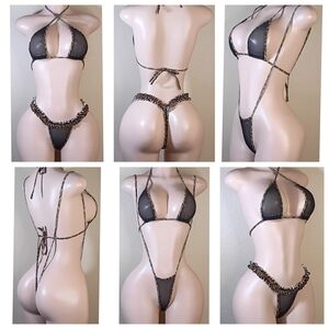 Elegant Black Mesh Custom Leopard Print Lingerie Set